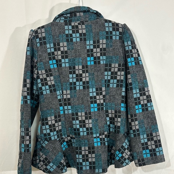 An Ren New York Wool Blend Jacket Medium Gray Blue Black Geometric Peplum Retro - Picture 2 of 8